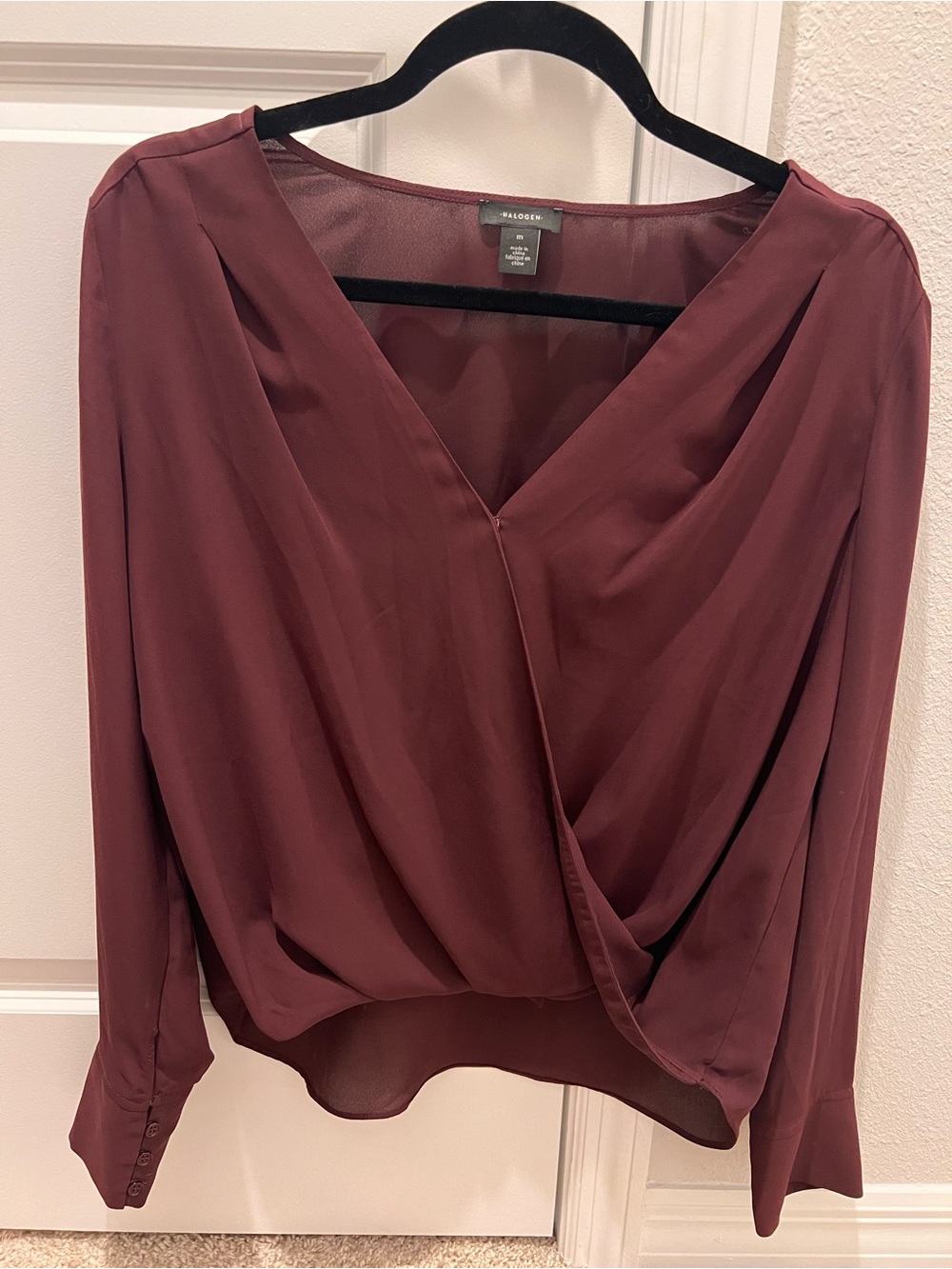 Halogen Burgundy Surplice Wrap Blouse Long Sleeve - Size Medium